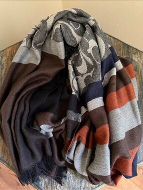 Coach Striped Multicolor Knit Scarf - Brown, Gray, Navy, Rust. Wool-blend. NWOT